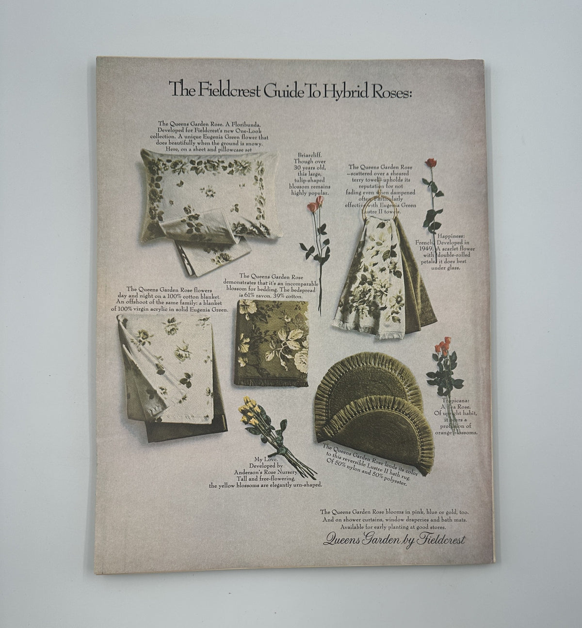 Promotional image from Bride's Magazine June/July 1967 featuring home goods and decor inspired by The Fieldcrest Guide To Hybrid Roses.