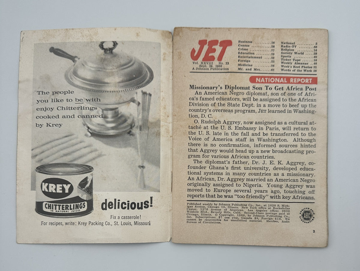 Interior page of Jet Magazine September 29, 1960 showcasing a National Report with Krey Chitterlings advertisement and a statement highlighting foreign missions.