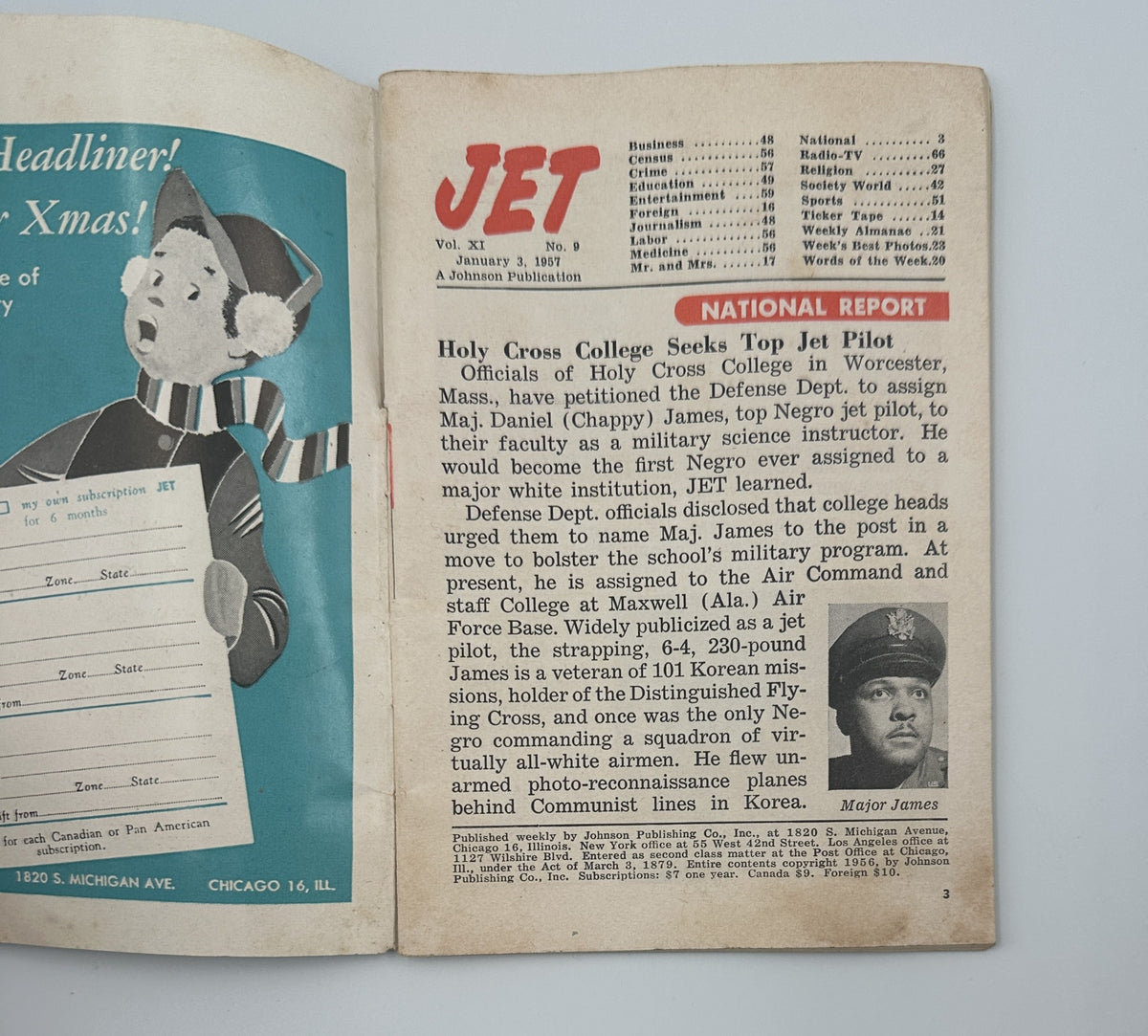 Jet Magazine January 3, 1957 cover featuring Major James, the first Negro ever assigned to a major military position, highlighting a national report in a vintage publication.