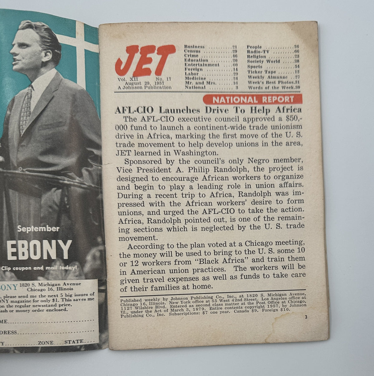 Inside page of Jet Magazine August 29, 1957 with a national report on AFL-CIO's initiative to support Africa and a focus on U.S. involvement in development.