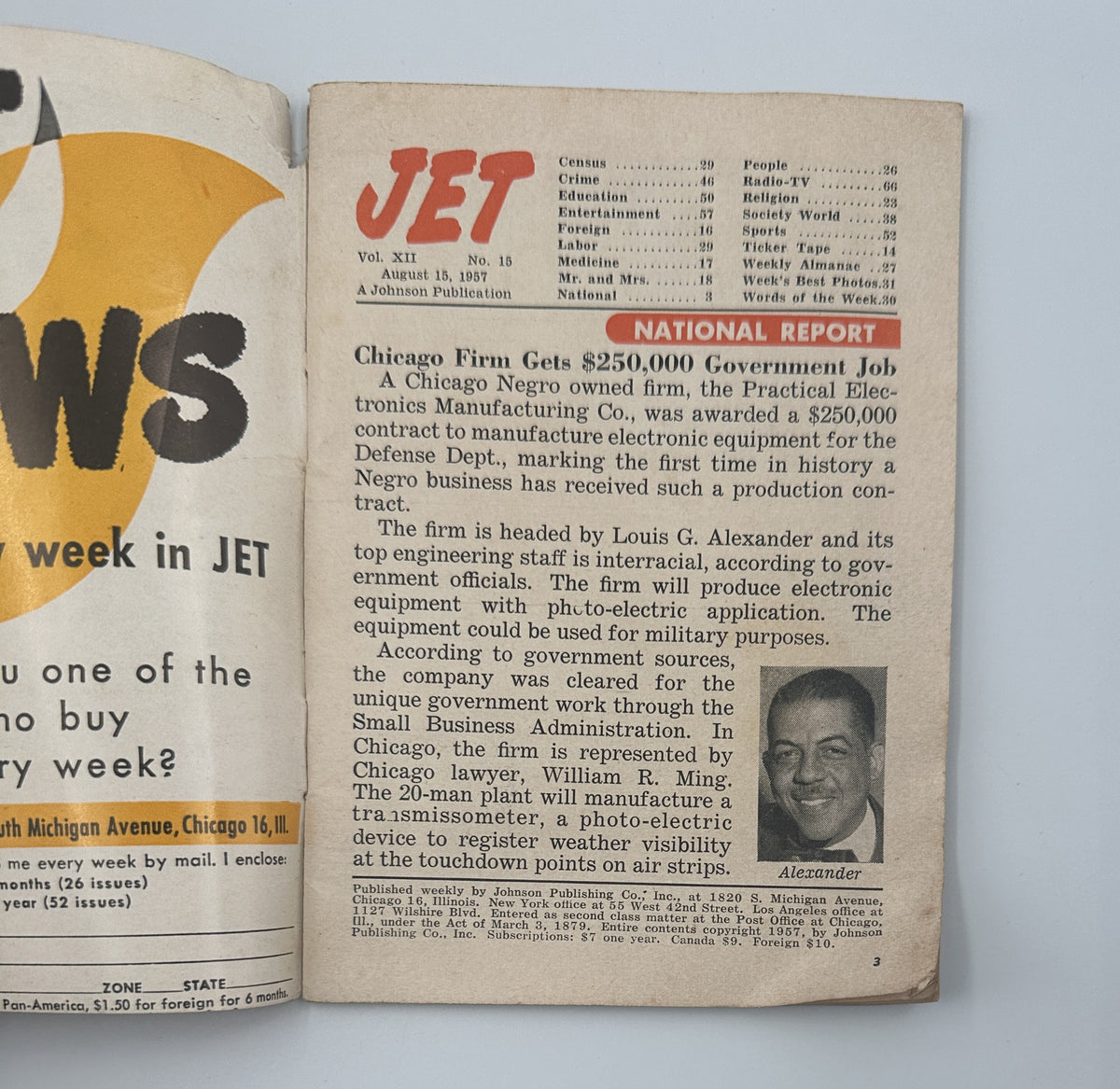 Interior page of Jet Magazine, August 15, 1957, containing a national report about a Chicago firm receiving a government job.