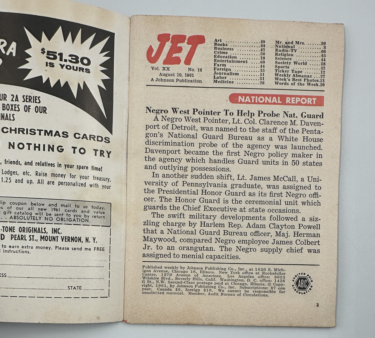 Inside page of Jet Magazine August 10, 1961 featuring the Table of Contents and a National Report about discrimination in the National Guard. Part of the series by A Johnson Publication.