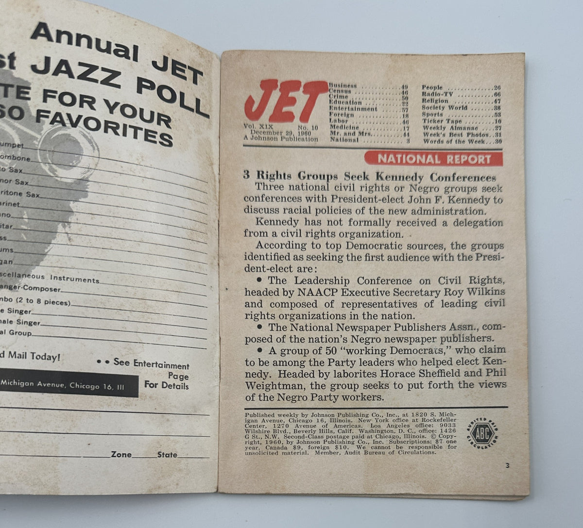 Inside page of Jet Magazine from December 29, 1960, detailing a national report about civil rights groups seeking conferences with President John F. Kennedy, emphasizing the ongoing fight for racial equality.