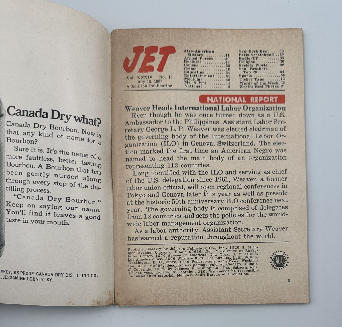 Interior page from Jet Magazine July 18, 1968, showcasing the National Report section, discussing the International Labor Organization.