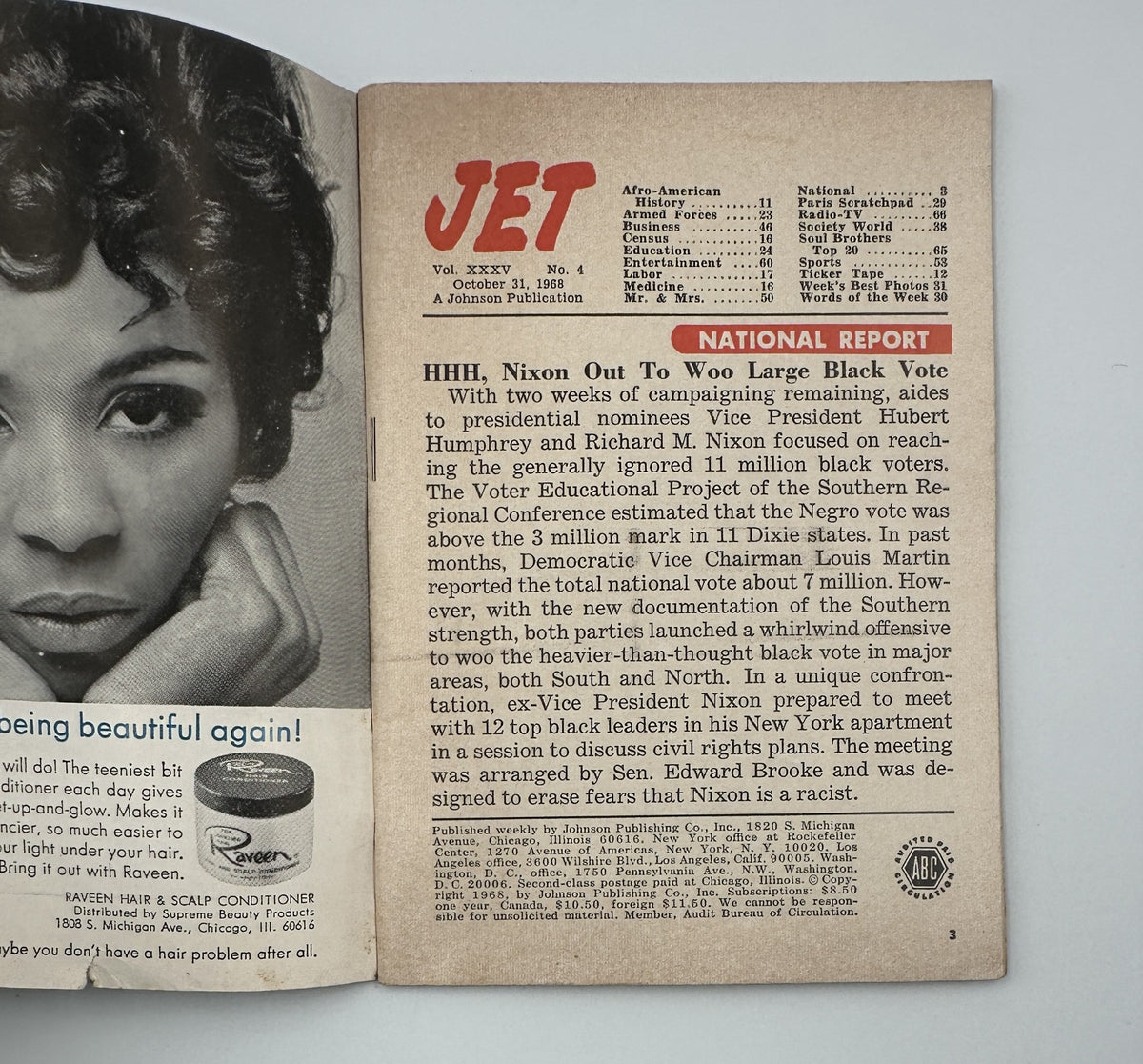 Interior page of Jet Magazine October 31, 1968, showing articles and content related to Afro-American history and social issues.