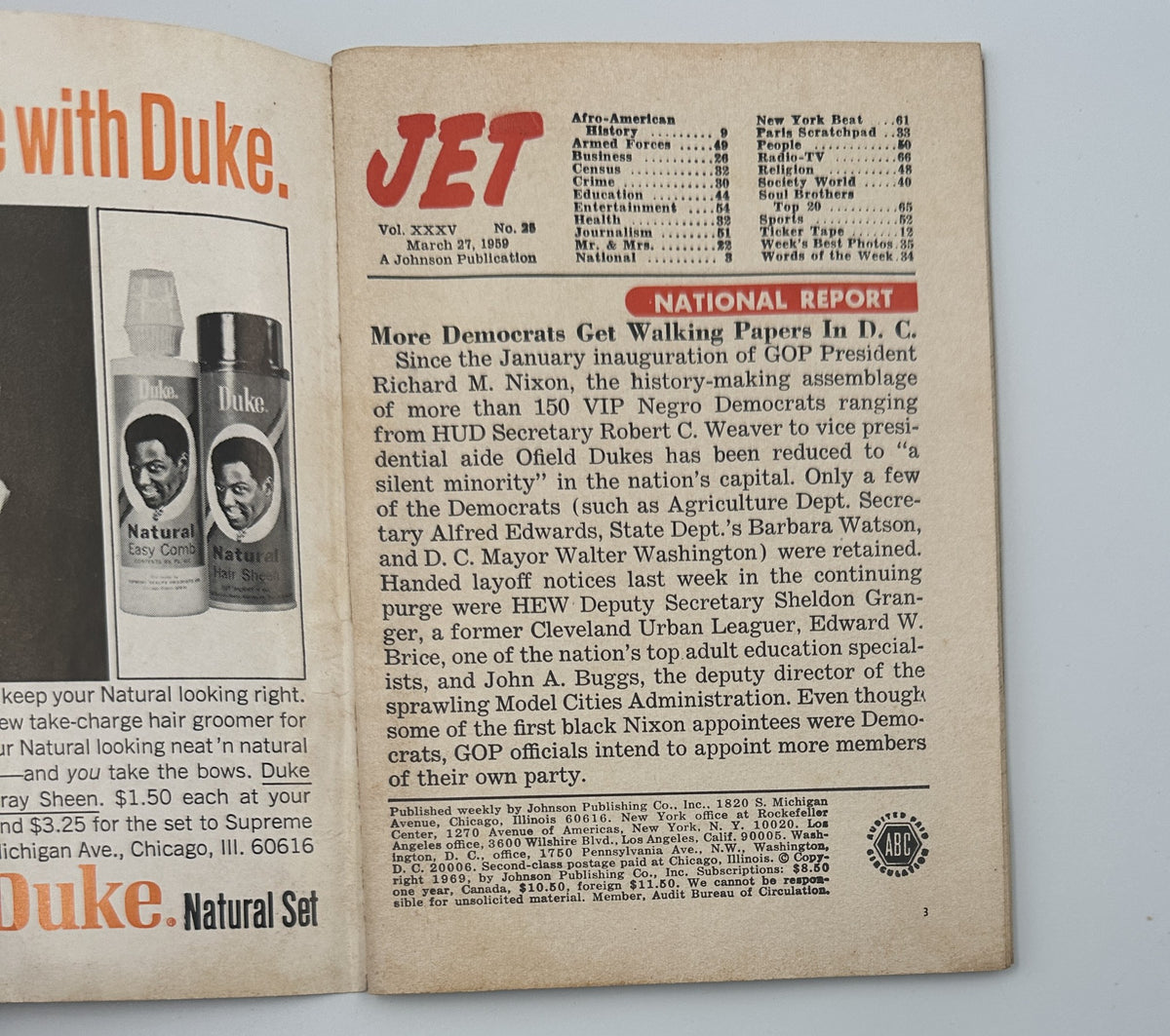 Interior page of Jet Magazine, March 27, 1969, displaying a National Report section discussing Democrats and political figures including a report on Earl Edward, Barbara Watson, and others.