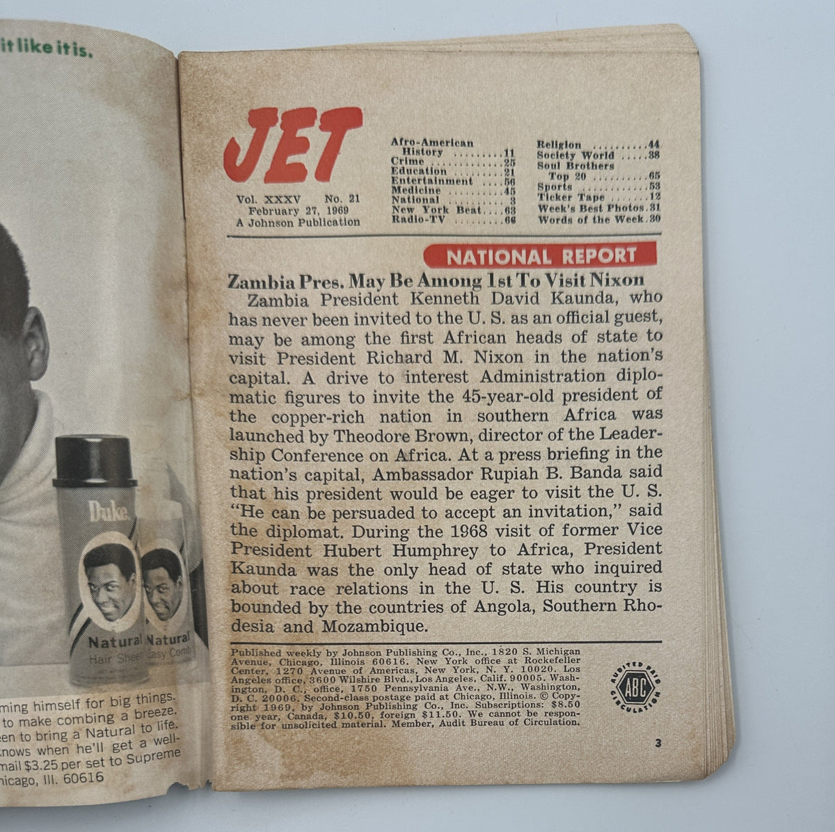 Interior page from Jet Magazine, February 27, 1969 featuring an article about Zambia President Kenneth Kaunda and his visit to Nixon, under the National Report section.