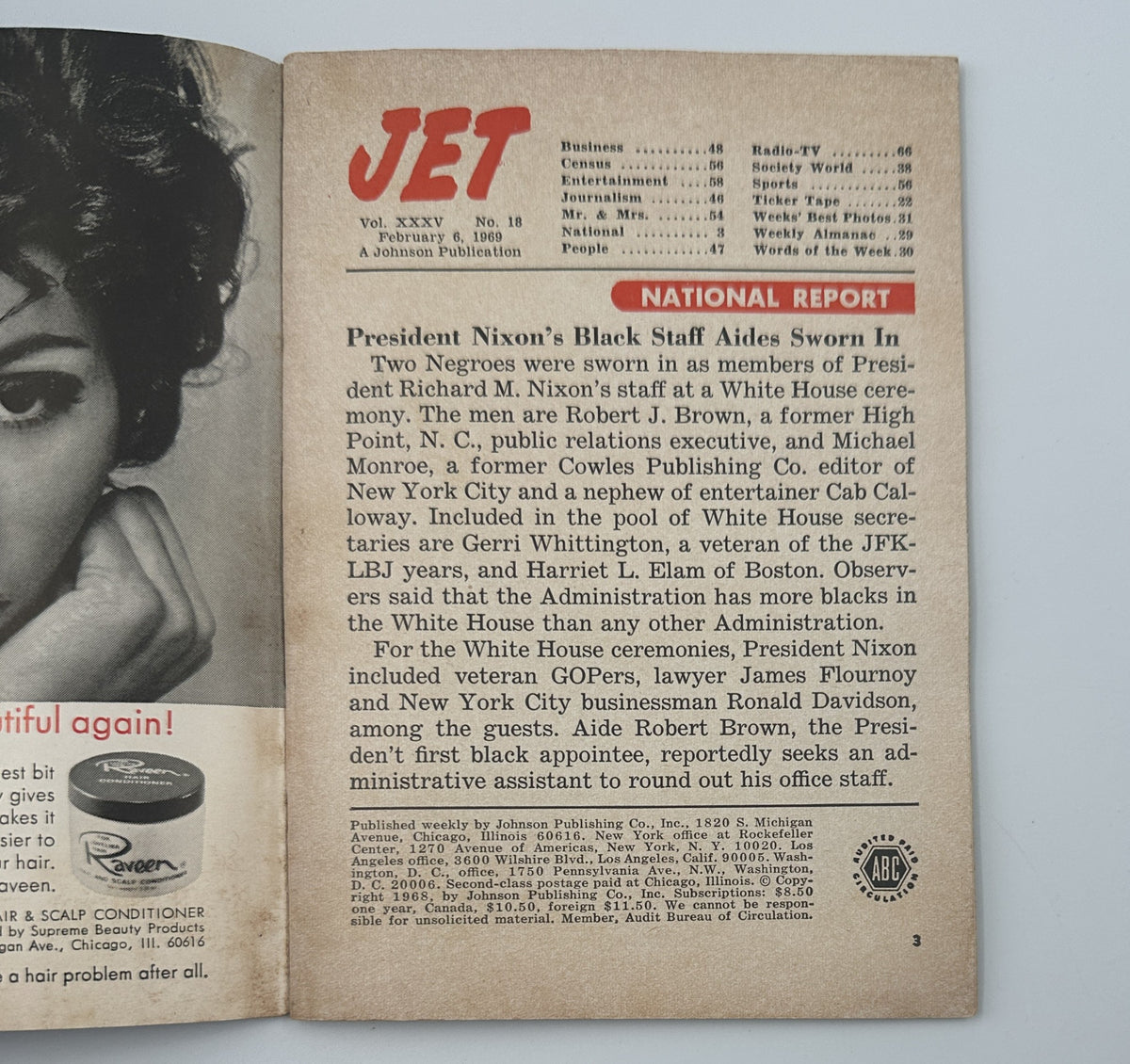 Inside page of Jet Magazine featuring a National Report on Nixon's Black staff aides sworn in during his administration.