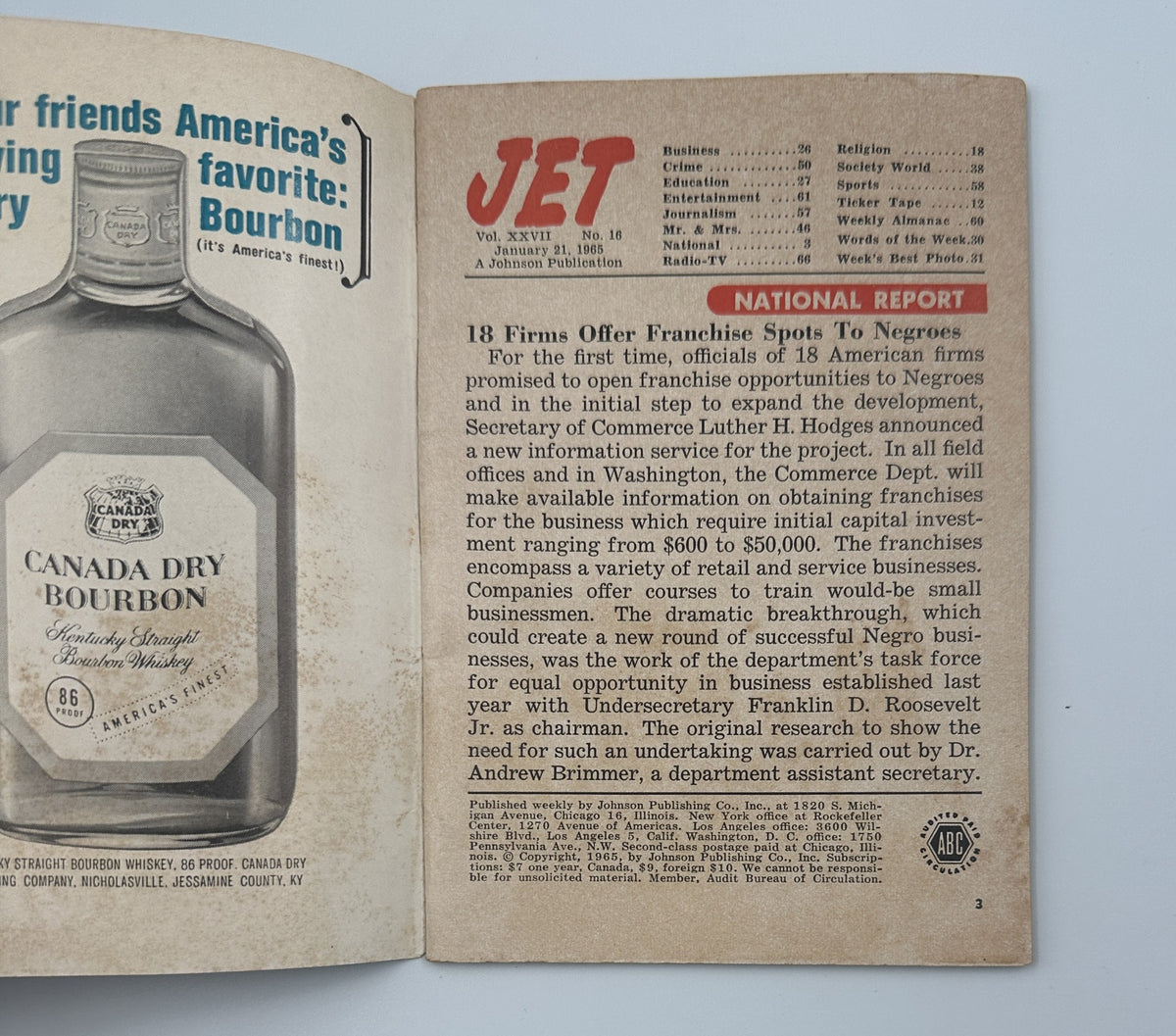 Inside page of Jet Magazine from January 21, 1965, showcasing an article about business opportunities for African Americans.