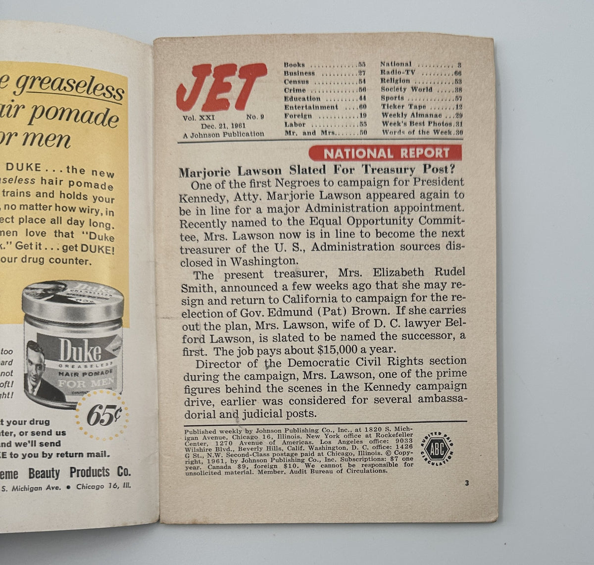 Inside page of Jet Magazine December 21, 1961 featuring a National Report about Marjorie Lawson, highlighting her potential nomination for the Treasury post.