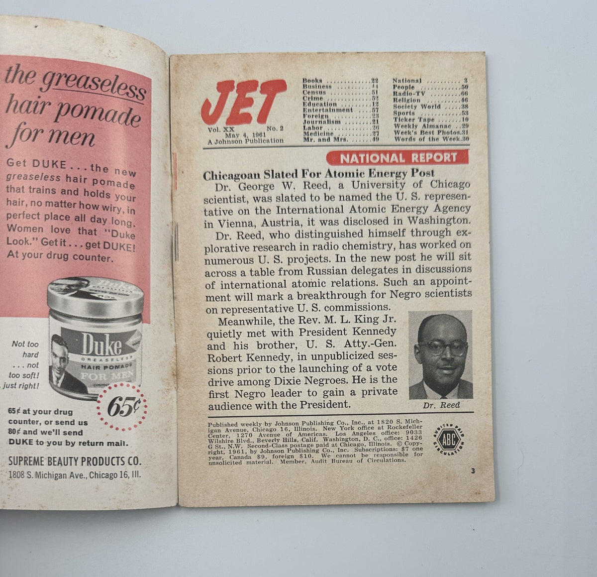 Inside page of Jet Magazine May 4, 1961, includes a National Report about Dr. George W. Reed and atomic energy initiatives.