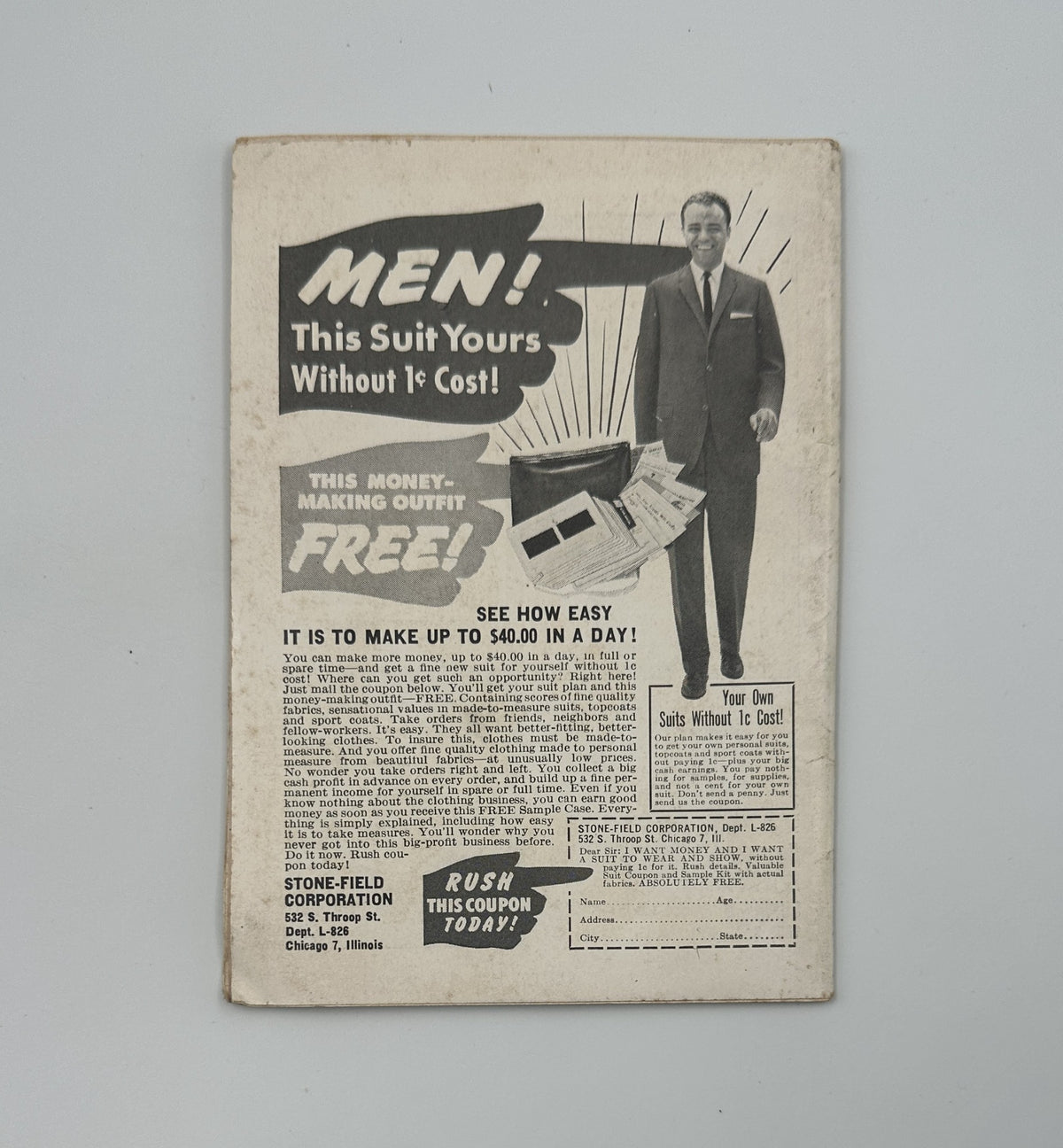 Back cover of Jet Magazine November 30, 1961 featuring an advertisement for a men's suit making outfit, emphasizing the offer to make up to $40.00 in a day.
