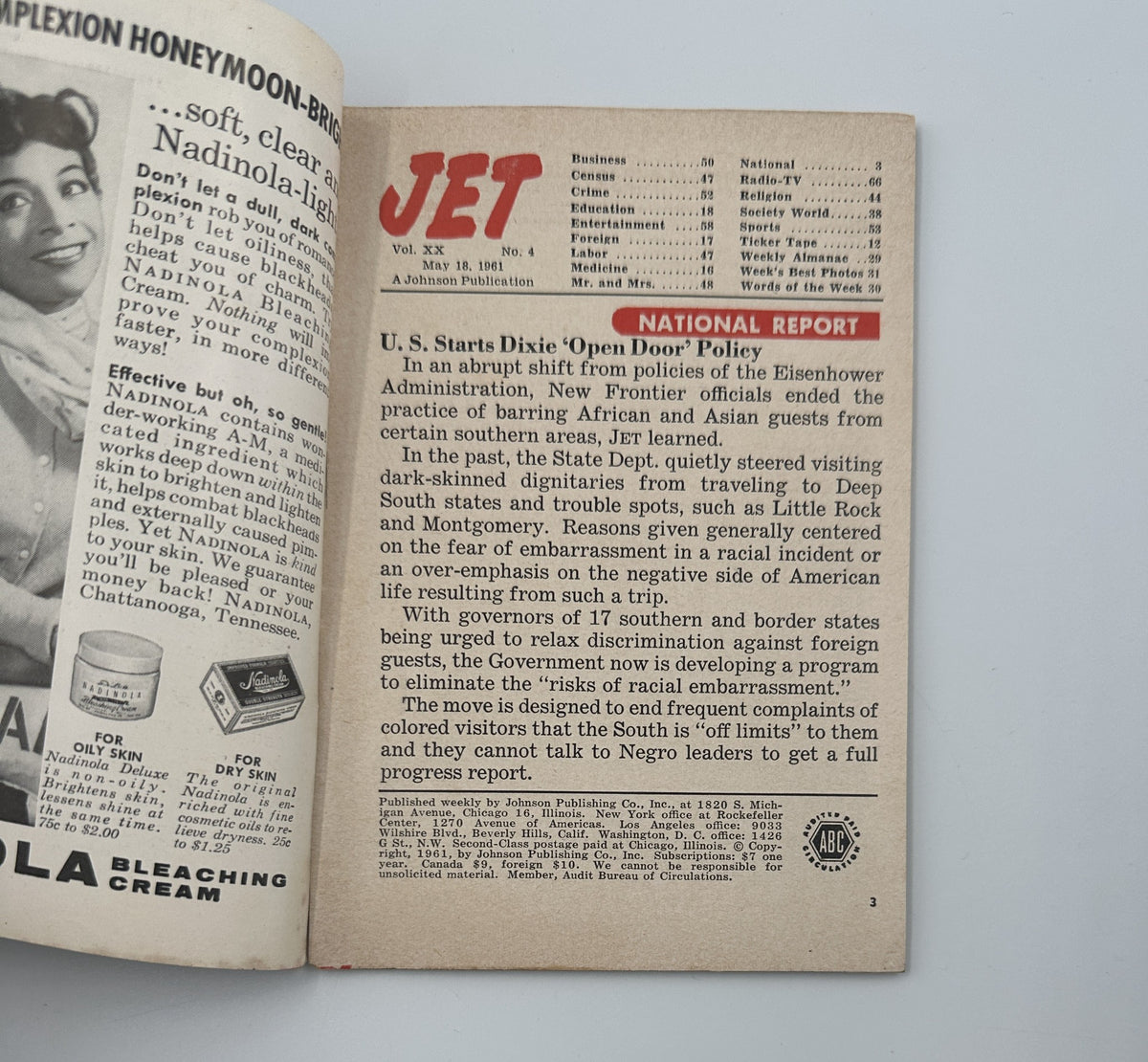 Inside page of Jet Magazine from May 18, 1961 showcasing an article on the U.S. starting to shift its 'Open Door' policy, highlighting the impact on African and Asian student policies.