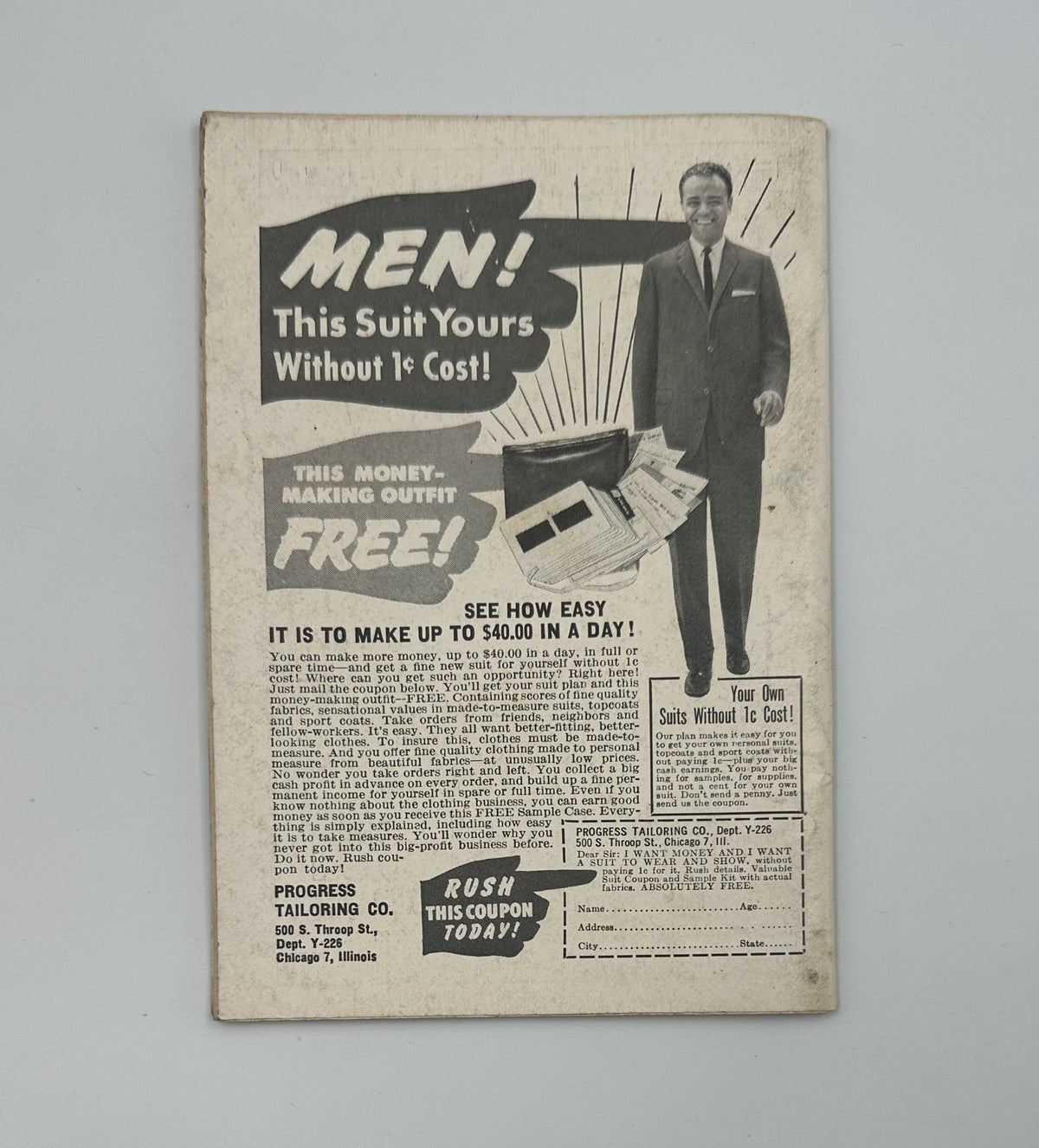 Back cover of Jet Magazine May 18, 1961 advertising a suit promotion, featuring a well-dressed man and a call-to-action for readers to learn more about the offer.