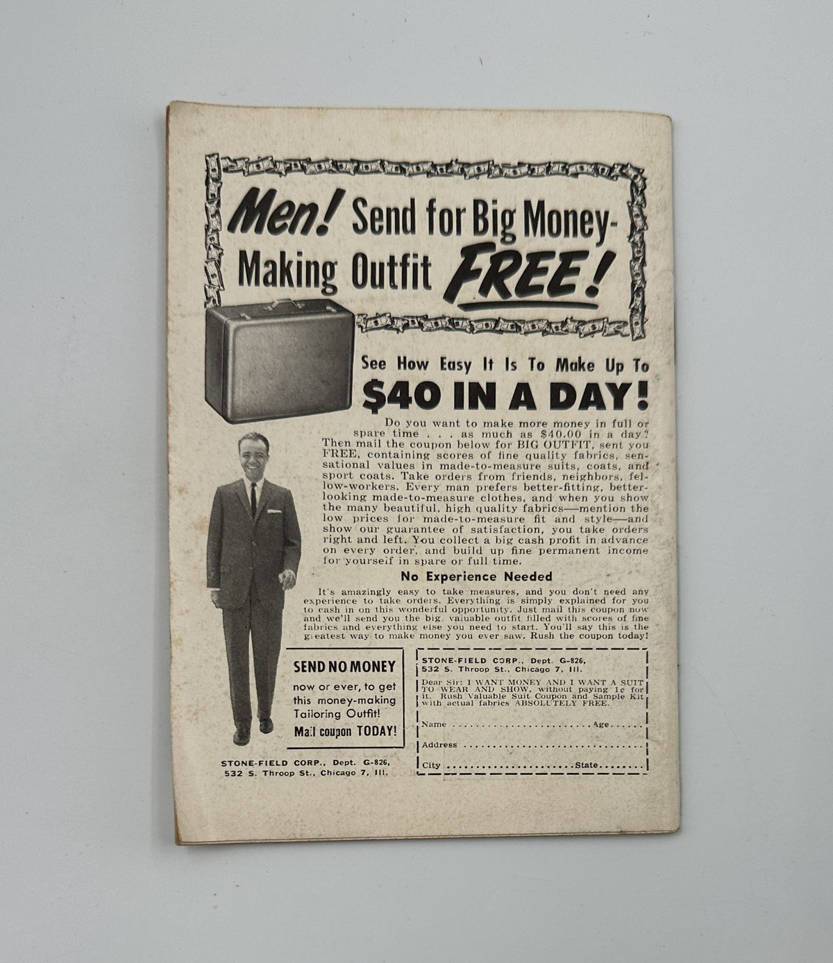 Back cover of Jet Magazine April 20, 1961 featuring an advertisement for a money-making outfit encouraging men to earn money without experience, emphasizing an easy way to make up to $40 a day.