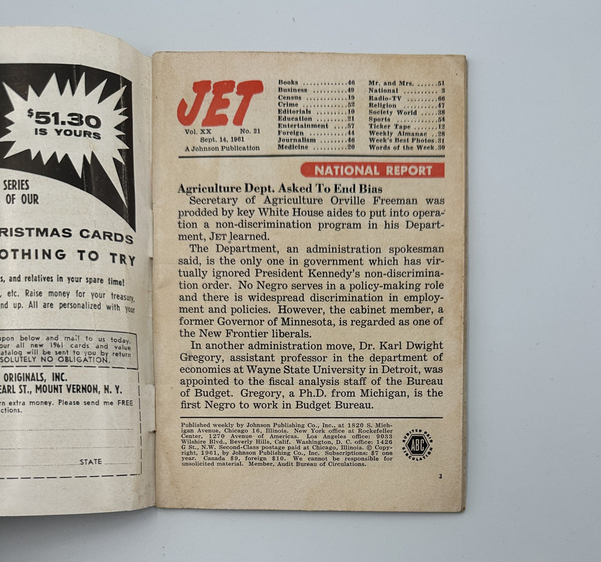 Inside page of Jet Magazine September 14, 1961, discussing a National Report on non-discrimination in government operations, featuring Secretary Orville Freeman's statements.