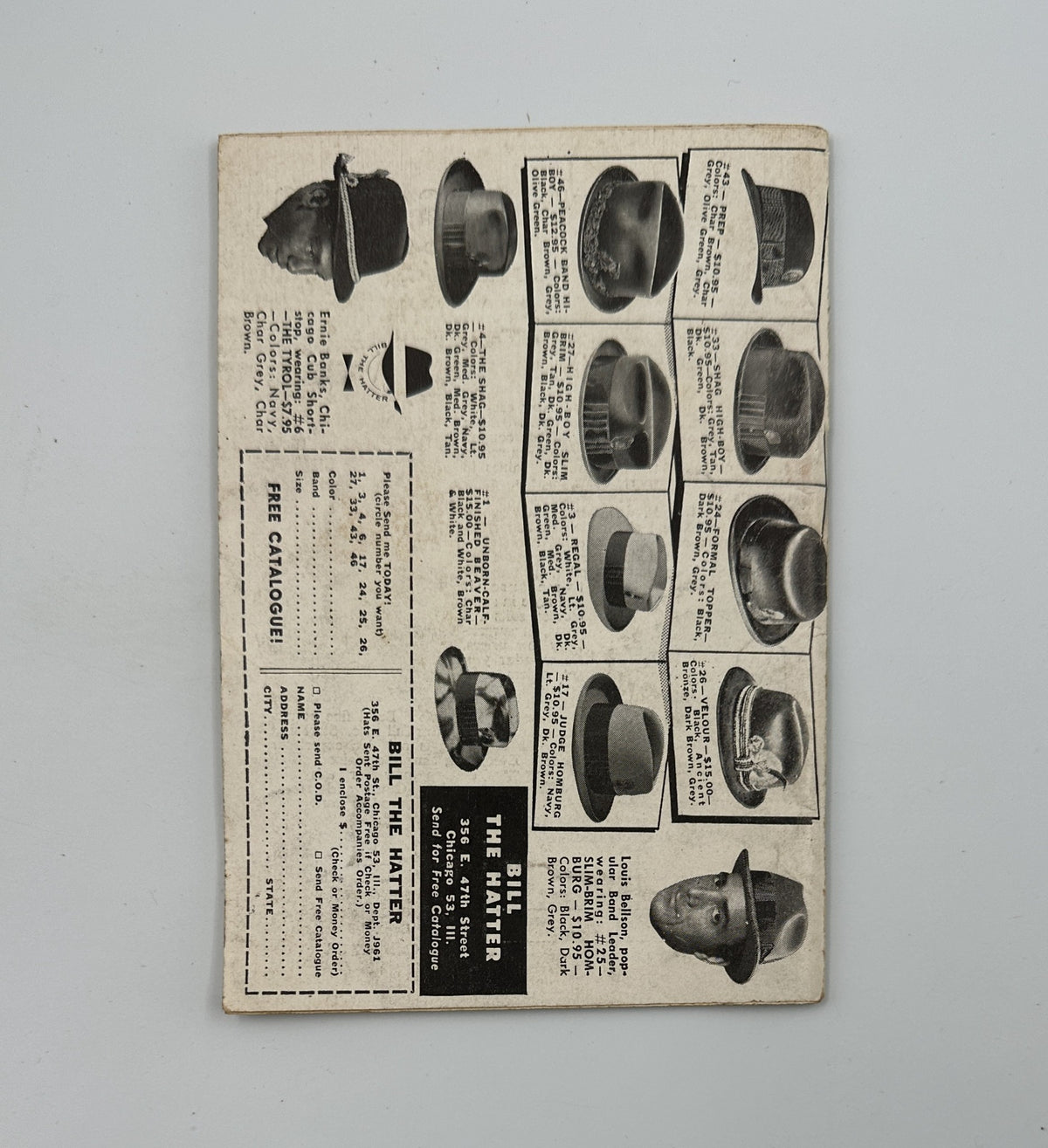 Back cover of Jet Magazine September 14, 1961, showcasing an advertisement for hats with various styles available for purchase.