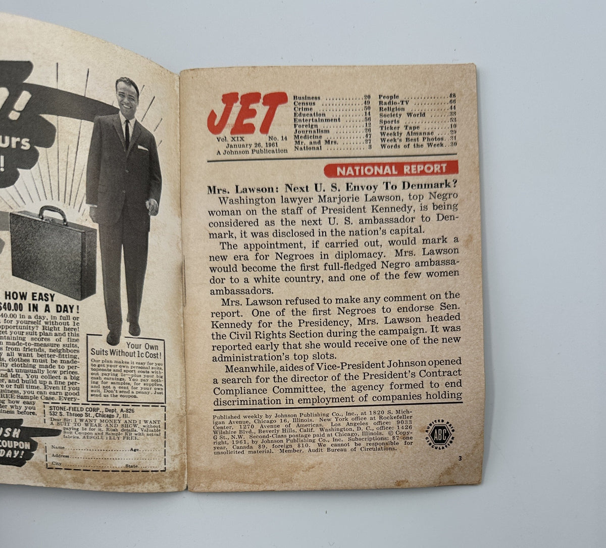 Interior page of Jet Magazine January 26, 1961 discussing the appointment of a new U.S. ambassador to Denmark, highlighting the significance of the role for African Americans in diplomacy.