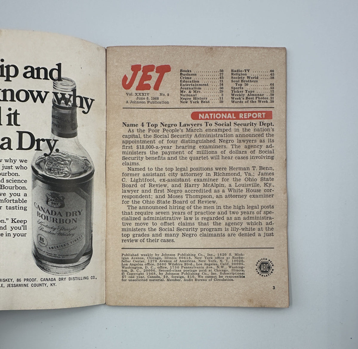 Inside page of Jet Magazine June 6, 1968, displaying a National Report on social security and issues affecting Negro lawyers.