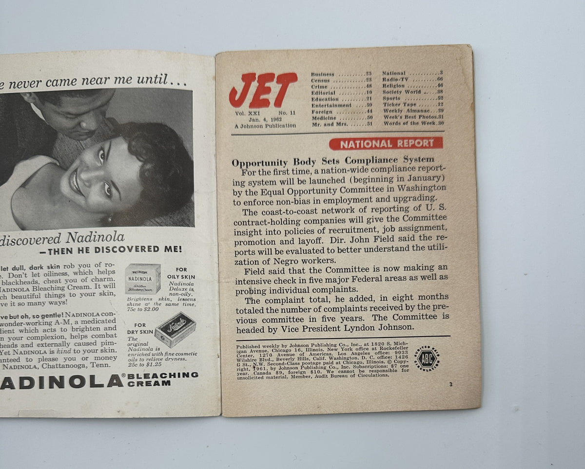 Inside page of Jet Magazine January 4, 1962 featuring a National Report section and an advertisement for Nadolina bleaching cream.