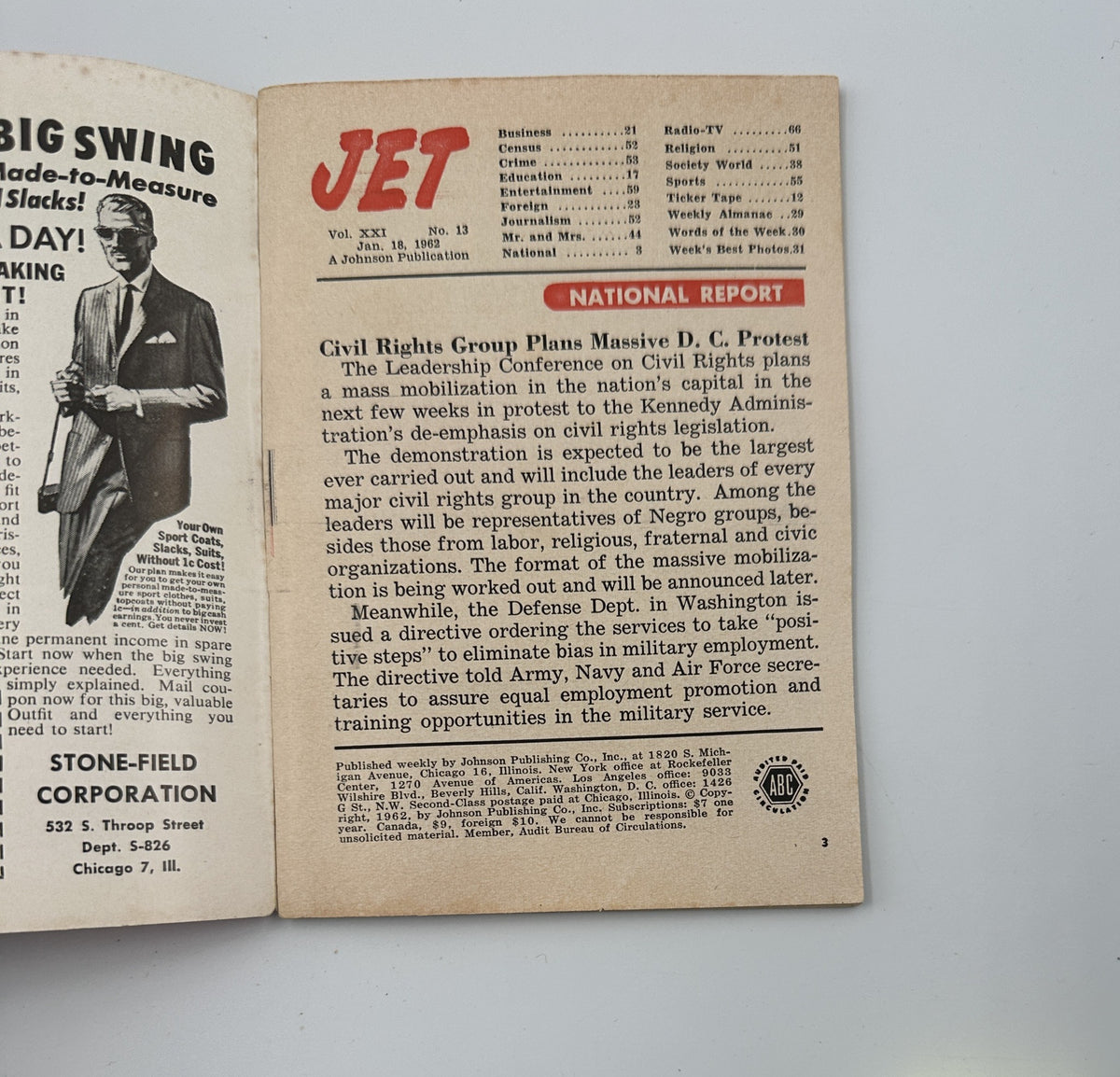 Inside page of Jet Magazine, January 18, 1962, detailing the Civil Rights Group's massive mobilization D.C. protest and the challenges faced in legislation, highlighting Ralph Bunche's influence.