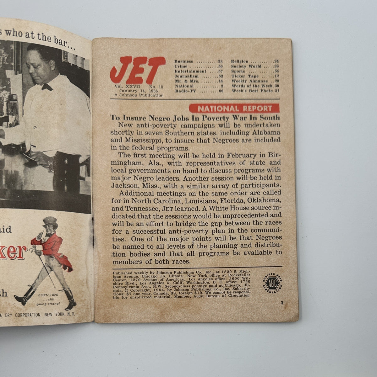 Jet Magazine January 14, 1965 cover featuring a National Report on initiatives to combat poverty for African Americans in the South, emphasizing the importance of local government involvement.