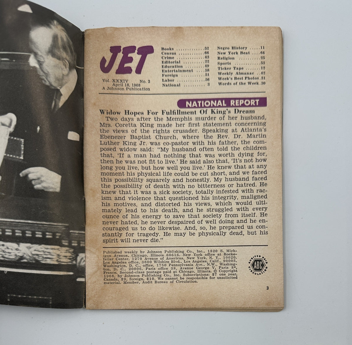 Inside page of Jet Magazine showing an article titled 'National Report' about Coretta King and the impact of Martin Luther King Jr.'s assassination.