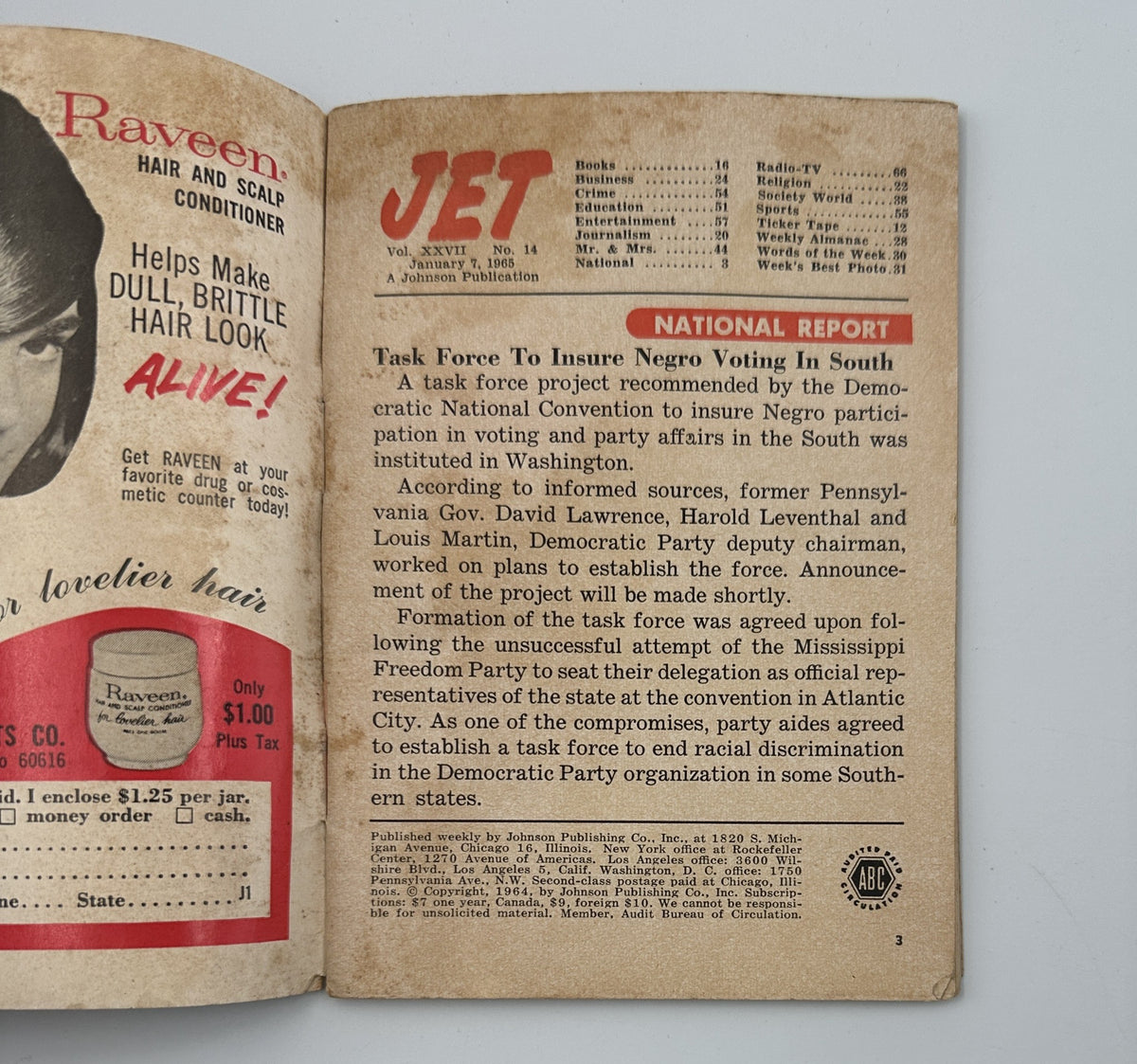 Inside page of Jet Magazine January 7, 1965, detailing the Task Force to Ensure Negro Voting in the South and highlighting key figures in the Democratic National Convention.