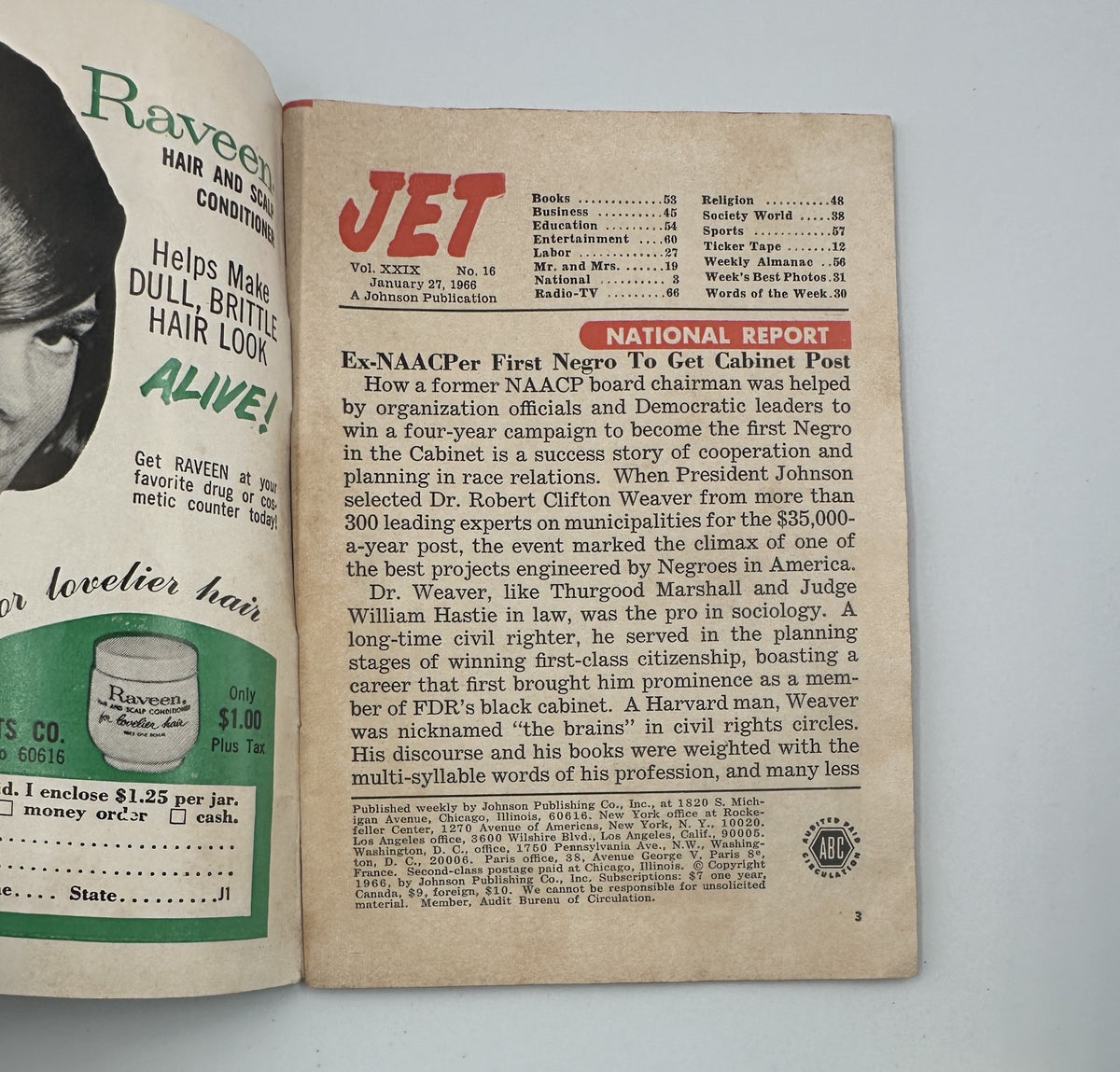 Inside page of Jet Magazine from January 27, 1966, detailing a report about Ex-NAACP board chairman's political role, showcasing the magazine's historic content.