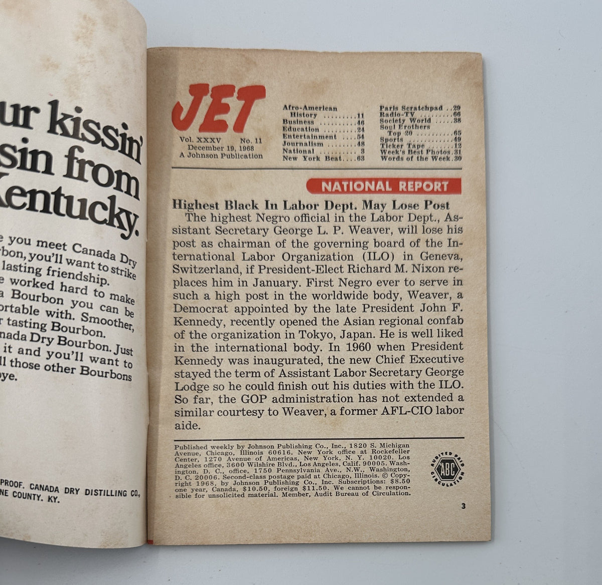 Inside page of Jet Magazine December 19, 1968 showing the table of contents and article titles including 'Afro-American History' and 'National Report'.
