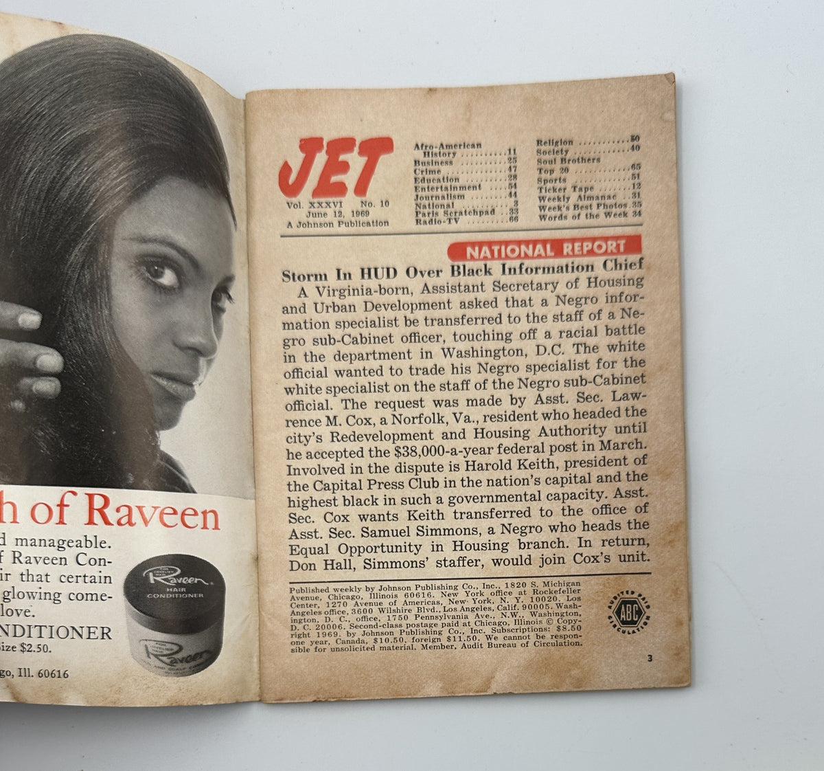Inside page of Jet Magazine from June 12, 1969, featuring articles including a national report on housing and urban development, with a focus on the impact on African American communities.