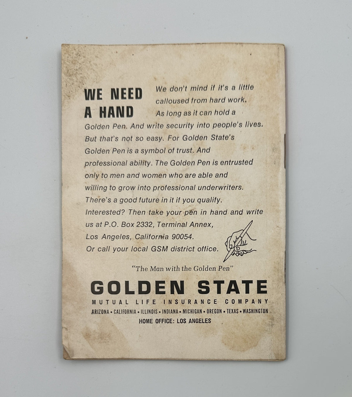 Back cover of Jet Magazine from June 12, 1969 featuring a promotional message from Golden State Mutual Life Insurance Company. The ad highlights the importance of a Golden Pen, symbolizing trust and professionalism, emphasizing their commitment to serving the community.
