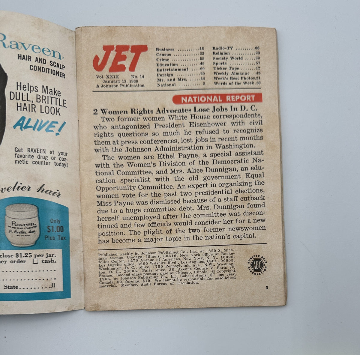 Inside page of Jet Magazine January 13, 1966 detailing a National Report on women rights advocates losing jobs in Washington D.C., emphasizing the magazine's historical significance.