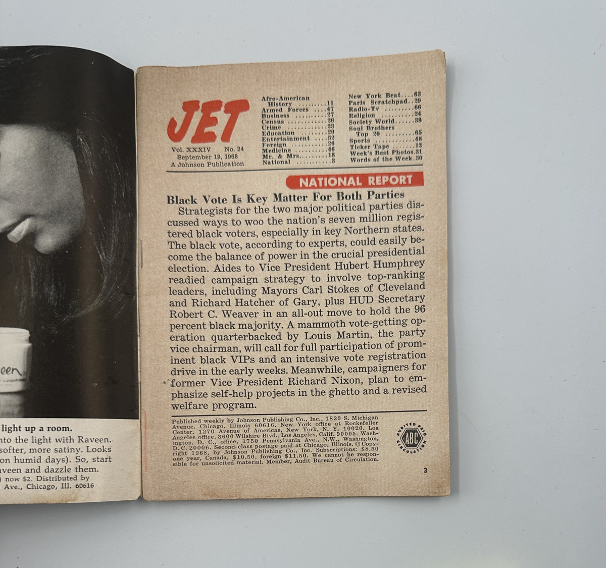 Interior page from Jet Magazine, September 19, 1968, titled 'National Report' discussing the significance of the black vote for political parties in the U.S.