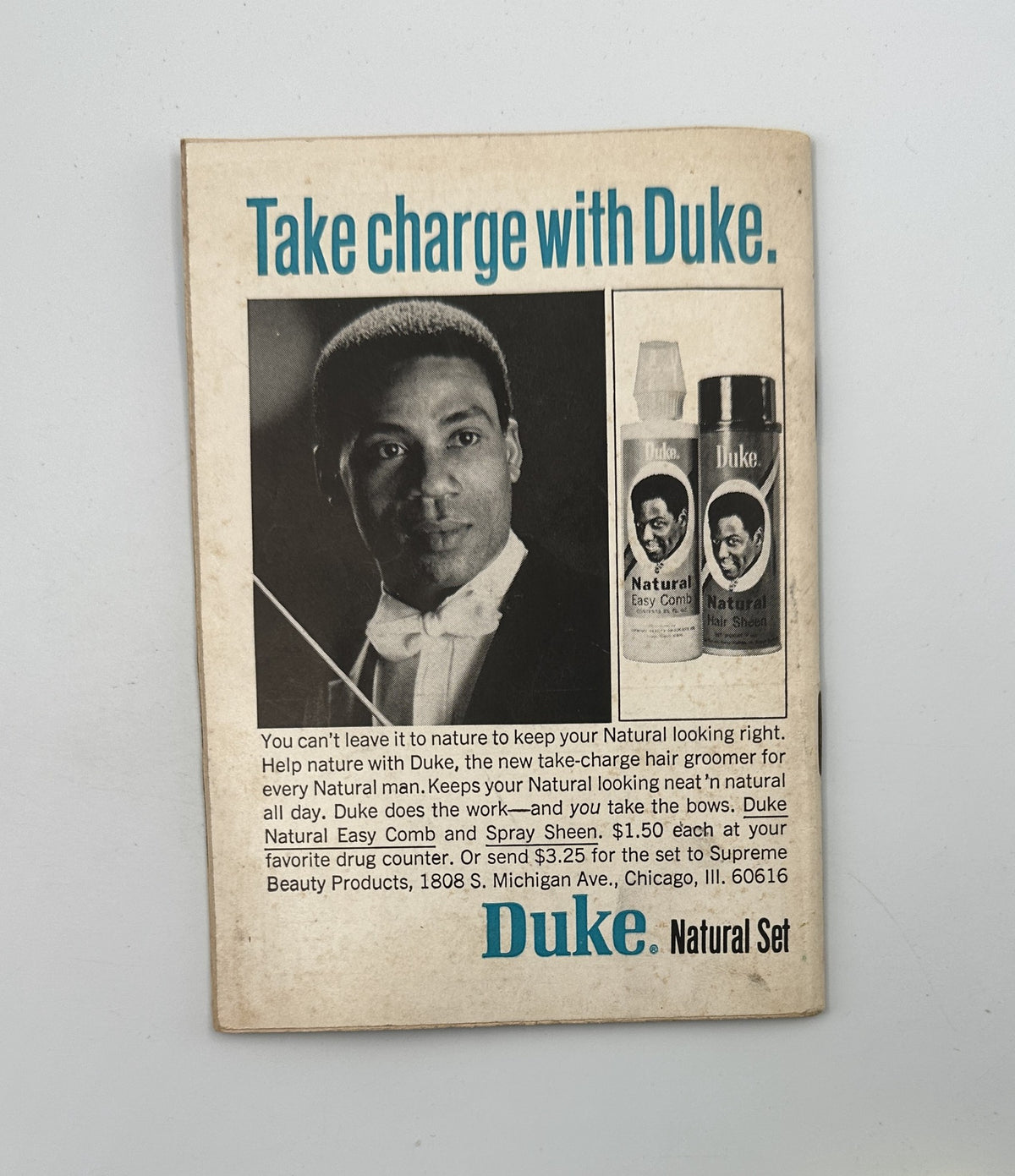 Advertisement for Duke Natural Set in Jet Magazine, September 19, 1968, promoting products for maintaining natural hairstyles.
