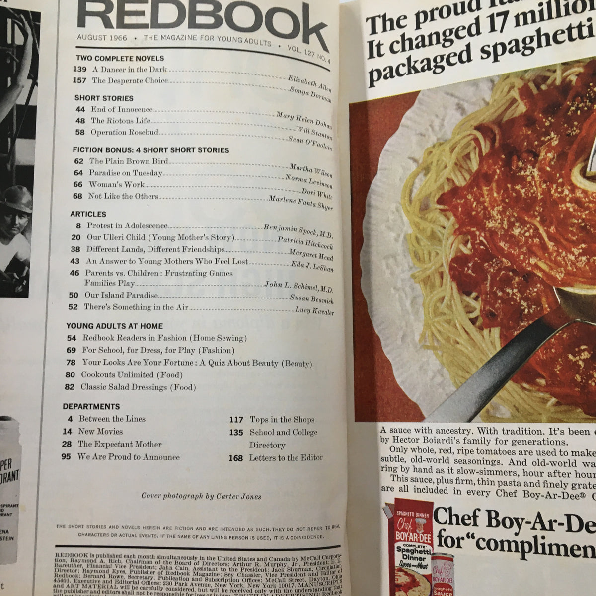 Inside page of VTG Redbook Magazine August 1966 displaying the table of contents and featured articles, including 'Our Ulleri Child: A Young Mother's Story.'