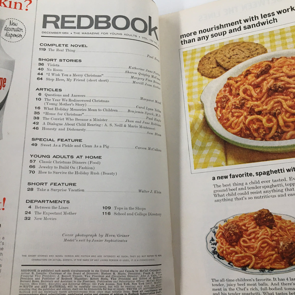 Inside page of VTG Redbook Magazine December 1964 titled The Year We Rediscovered Christmas showcasing the table of contents and highlighted articles related to holiday themes.