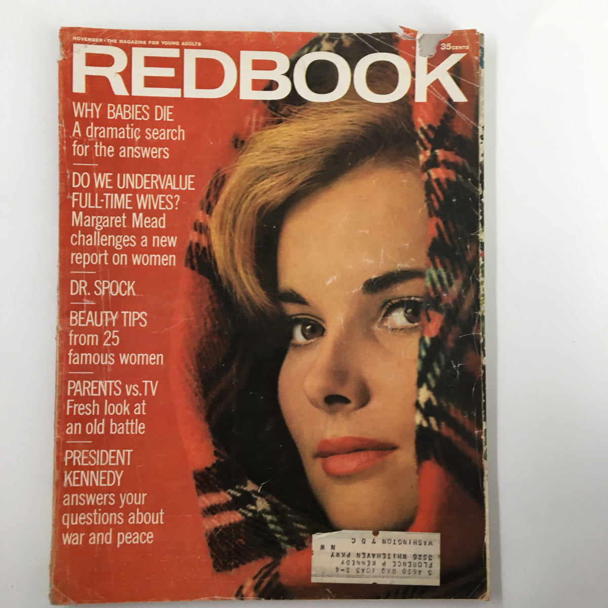 Cover of VTG Redbook Magazine from November 1963 featuring the title 'Why Babies Die: A Dramatic Search for Answers' and an image of a young woman with a plaid scarf.
