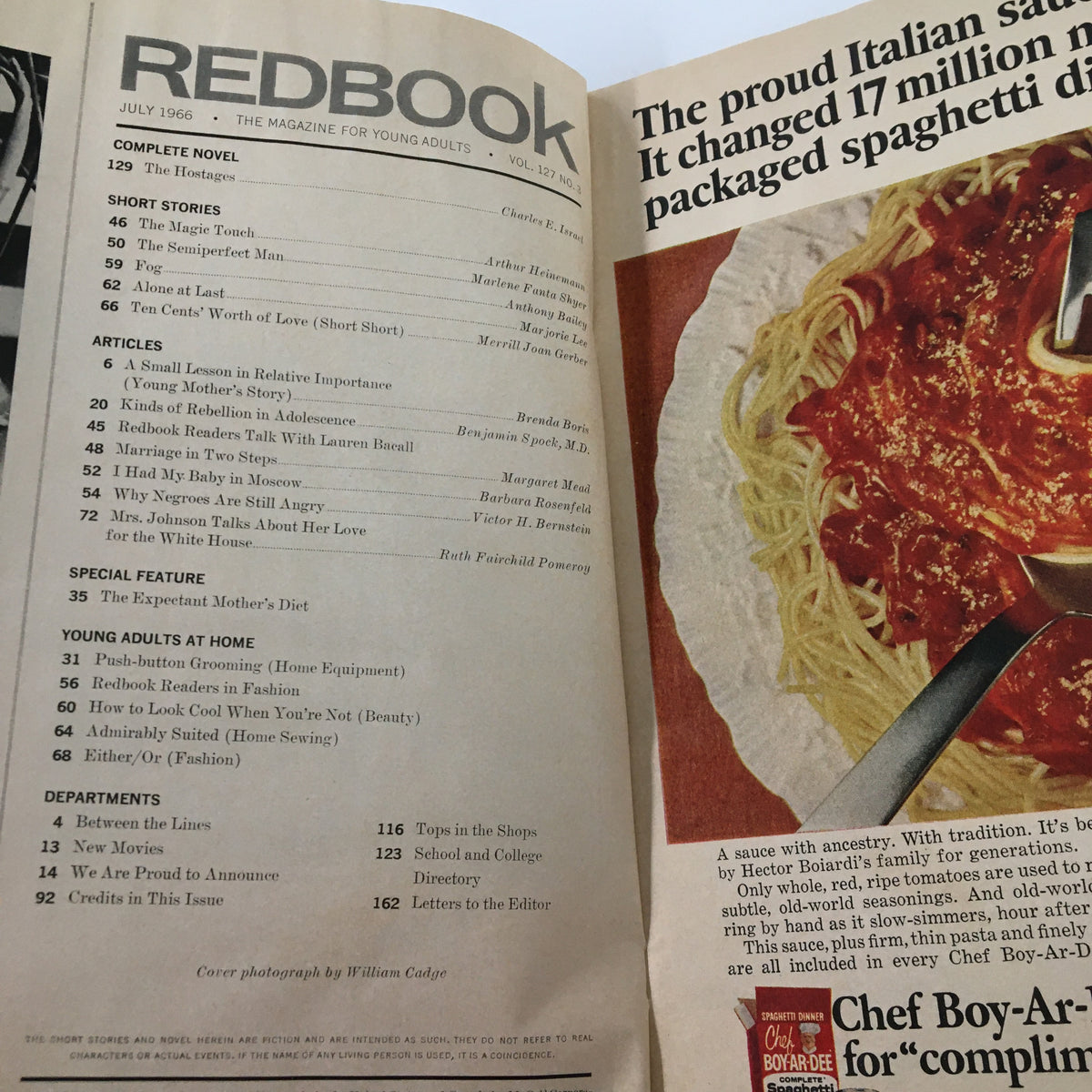 Inside page of VTG Redbook Magazine July 1966 showcasing the table of contents including articles like 'Marriage in Two Steps' and 'Why Negroes are Still Angry'.
