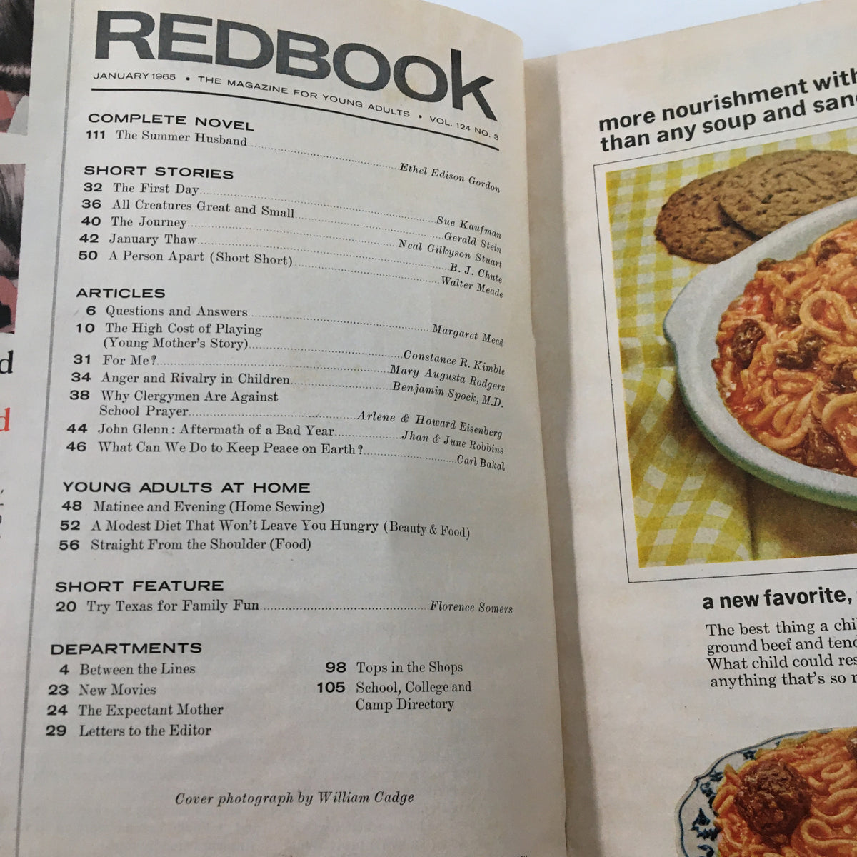 Table of contents page from VTG Redbook Magazine January 1965, listing short stories and articles including John Glenn’s aftermath and parenting insights.