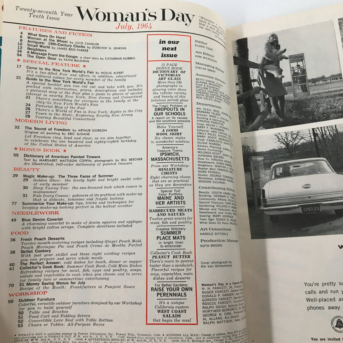 Interior page of VTG Woman's Day Magazine July 1964 Guide to New York World's Fair, displaying article headings and features, including a special section on the World’s Fair.