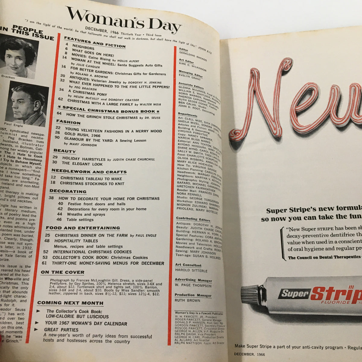 Inside view of VTG Woman's Day Magazine December 1966 featuring festive content and Dr. Seuss illustrations, showcasing articles and holiday features. Rare collectible for vintage magazine enthusiasts.