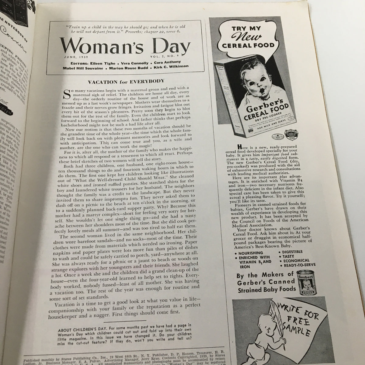 Inside page of the VTG Woman's Day Magazine from June 1939 featuring an article titled 'Vacation for Everybody' with nostalgic illustrations and advertisements, emphasizing parenting and family life.