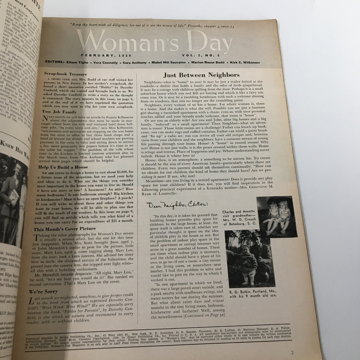 Inside page of VTG Woman's Day Magazine February 1939, featuring the article 'Just Between Neighbors' along with editorial content and photographs, reflecting cultural insights from the era.