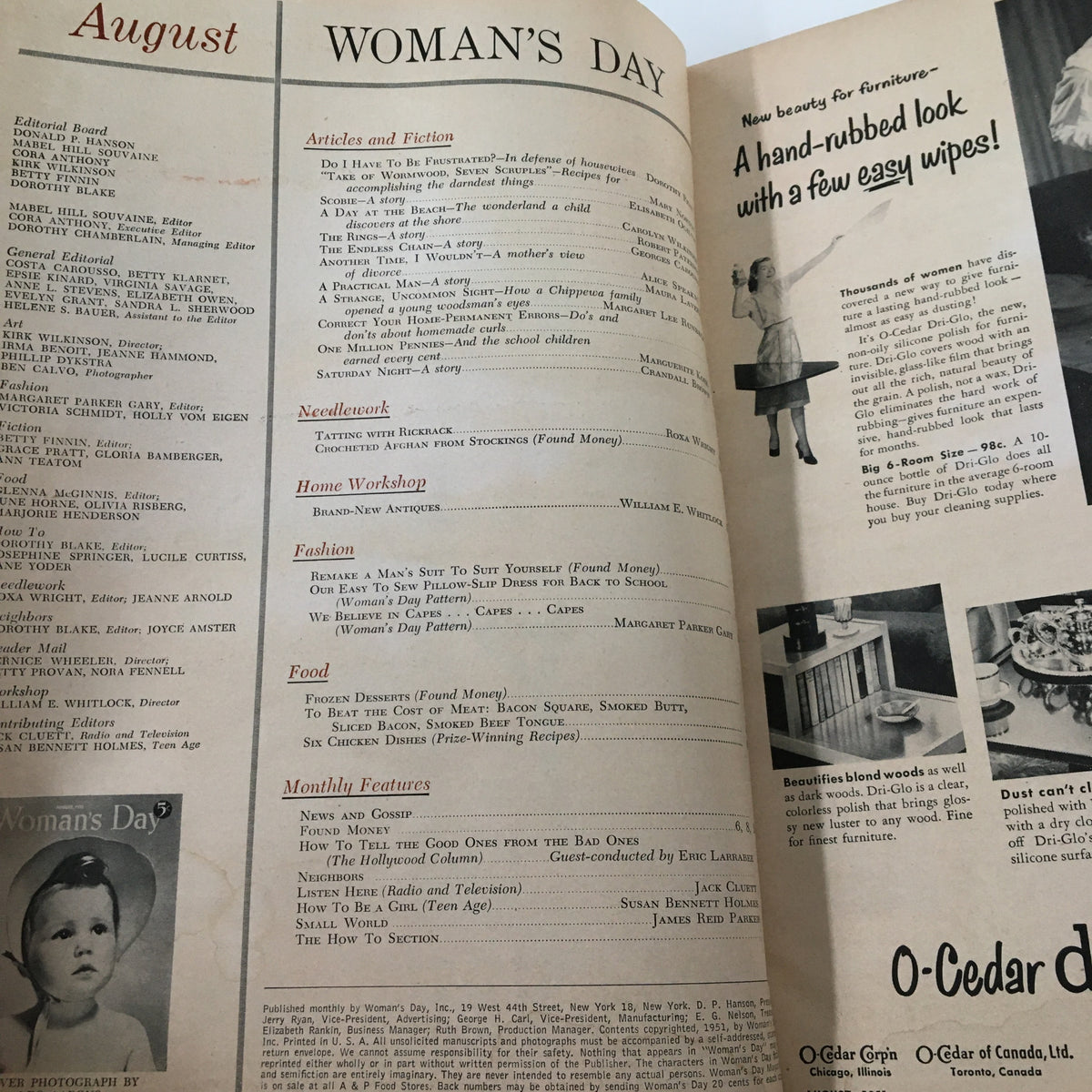 Interior page of VTG Woman's Day Magazine August 1951 displaying the articles and content featured in this vintage edition.