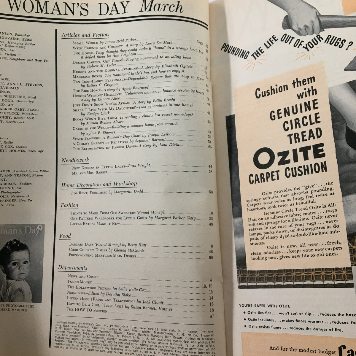 Interior pages of the Vintage Woman's Day Magazine March 1950, showcasing articles and fiction, including a table of contents and vintage advertisements.