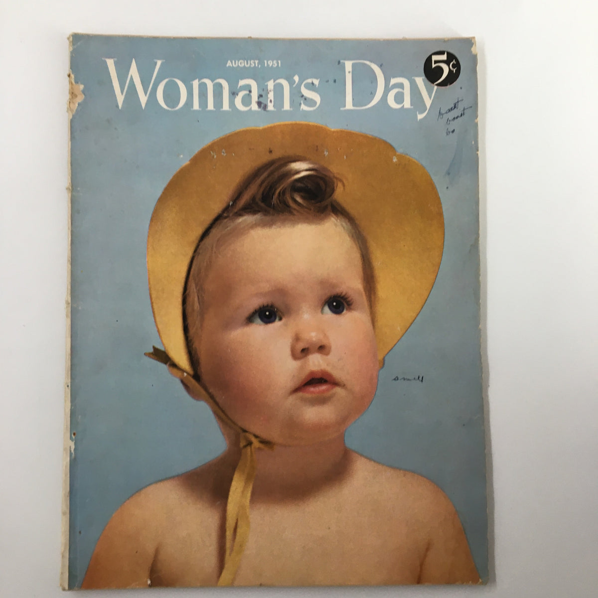 Vintage cover of Woman's Day Magazine from August 1951 featuring a baby in a yellow sunhat, related to the story 'The Endless Chain'.