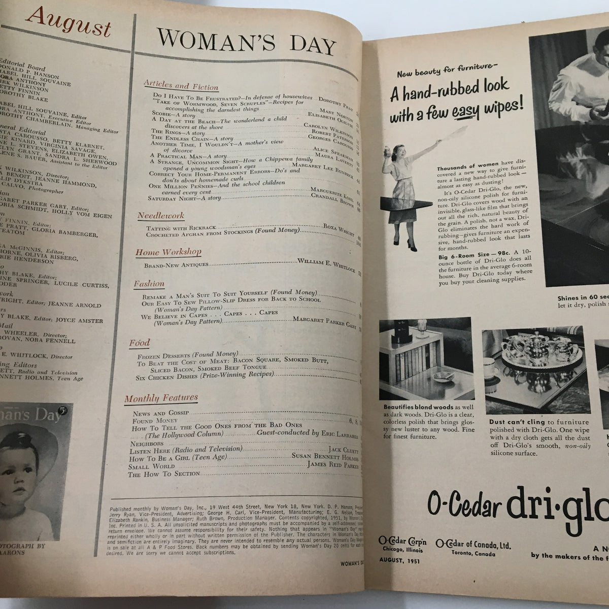 Interior page of VTG Woman's Day Magazine August 1951 showcasing articles, fiction, and features from mid-20th century life.
