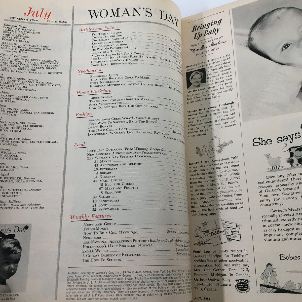 Interior page of the VTG Woman's Day Magazine July 1952, displaying the table of contents and various sections including food and articles.
