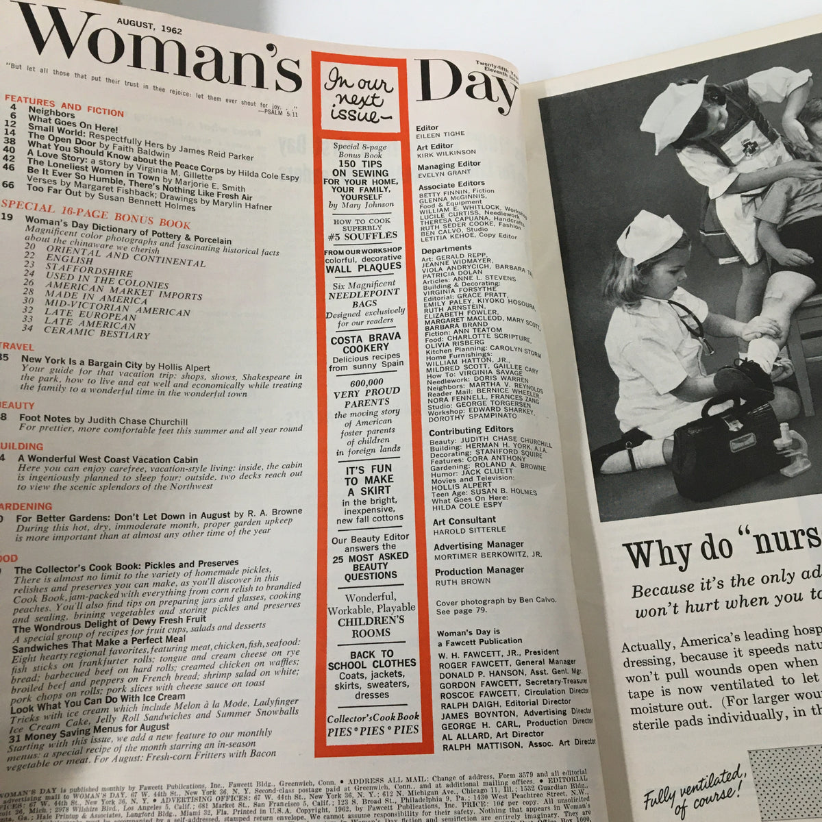 Inside page of the VTG Woman's Day Magazine August 1962 featuring the table of contents and articles such as 'Neighbors', 'How to Cook', and 'A Wonderful West Coast Vacation Cabin'. This issue includes insights from the period's cultural expectations and lifestyle.